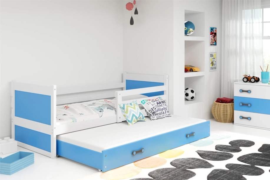 Lit ado gigogne Rico 90X190 avec matelas et tiroir, blanc/bleu