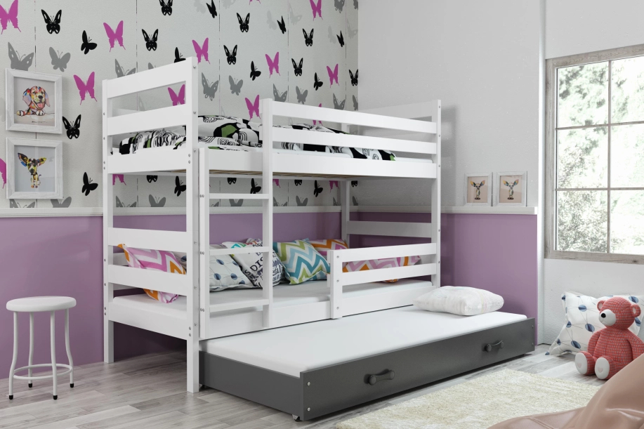 Lit ado superposé 3 places Éric 90X200 avec matelas et tiroir, blanc/gris