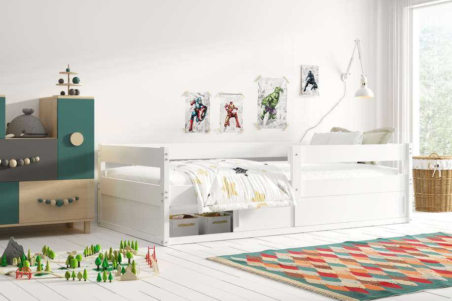 Lit enfant simple Hugo 80X160 avec matelas et rangement, blanc