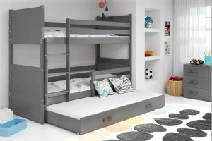 Lit ado superposé 3 places Rico 90X190 avec matelas et tiroir, gris