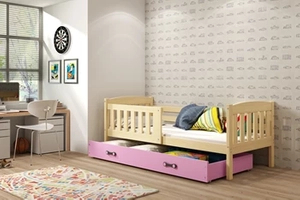 Lit enfant simple Jacquot 80X160 avec matelas et tiroir, pin/rose