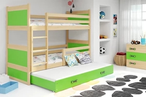 Lit ado superposé 3 places Rico 90X200 avec matelas et tiroir, pin/vert