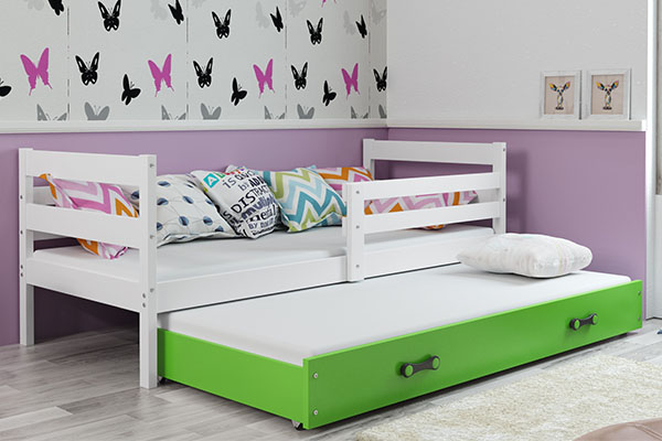 Lit ado gigogne Éric 80X190 avec matelas et tiroir, blanc/vert
