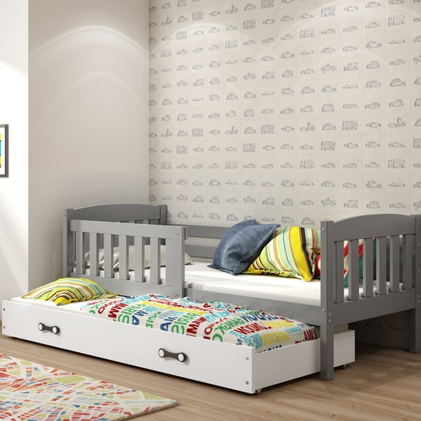 Lit ado gigogne Jacquot 90X190 avec matelas et tiroir, gris/blanc