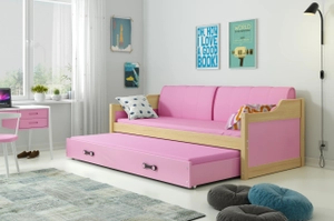 Lit ado gigogne David 90X200 avec matelas et tiroir, pin/rose