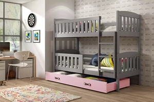 Lit ado superposé Jacquot 90X190 avec matelas et tiroir, gris/rose