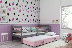 Lit ado gigogne Éric 90X190 avec matelas et tiroir, gris/rose