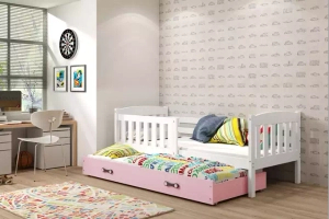 Lit ado gigogne Jacquot 90X190 avec matelas et tiroir, blanc/rose