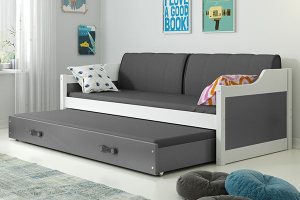 Lit ado gigogne David 90X200 avec matelas et tiroir, blanc/gris