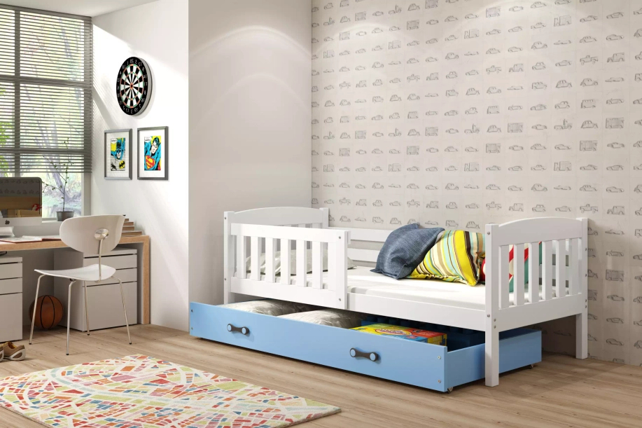 Lit ado simple Jacquot 80X190 avec matelas et tiroir, blanc/bleu