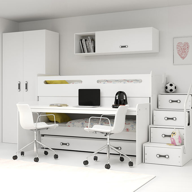 Lit ado superposé 3 places MAX 1 80X200 avec matelas et bureau, blanc