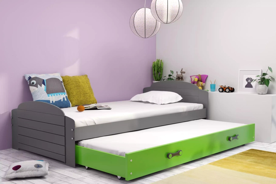 Lit ado gigogne Lili 90X200 avec tiroir, gris/vert