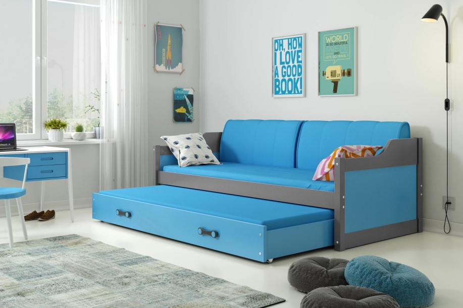 Lit ado gigogne David 90X200 avec matelas et tiroir, gris/bleu