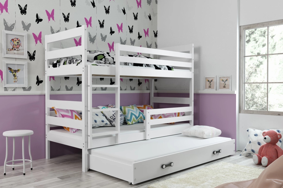 Lit ado superposé 3 places Éric 90X200 avec matelas et tiroir, blanc