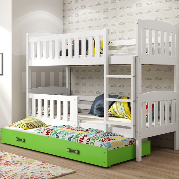Lit ado superposé 3 places Jacquot 90X190 avec matelas et tiroir, blanc/vert