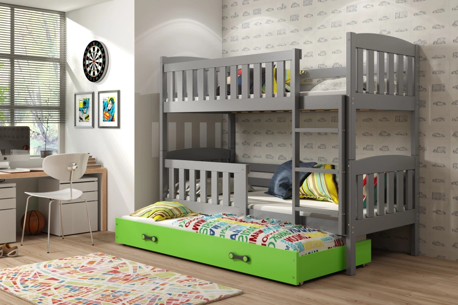 Lit ado superposé 3 places Jacquot 90X190 avec matelas et tiroir, gris/vert