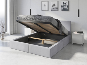 Lit double rembourré Le Hilton 120X200 avec matelas et coffre, gris clair