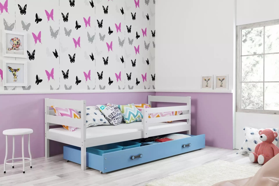 Lit ado simple Éric 90X190 avec matelas et tiroir, blanc/bleu