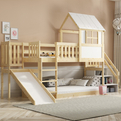 Lit mezzanine cabane avec toboggan, toit et escaliers – mezzanine en bois naturel 90x200