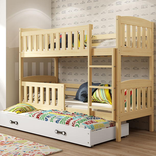 Lit ado superposé 3 places Jacquot 90X190 avec matelas et tiroir, pin/blanc