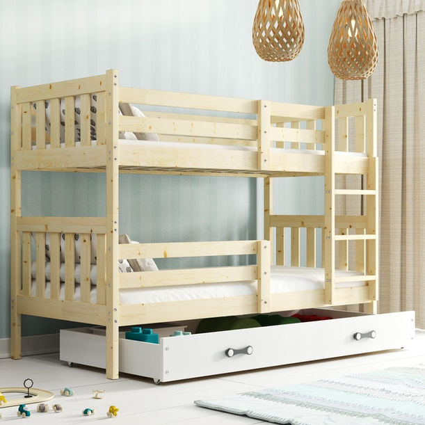 Lit ado superposé Gaspard 90X190 avec tiroir, bois naturel/blanc
