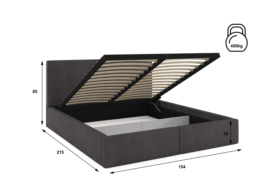 Lit double rembourré Le Hilton 140X200 avec matelas et coffre, graphite