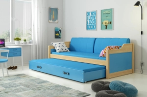 Lit ado gigogne David 90X200 avec matelas et tiroir, pin/bleu