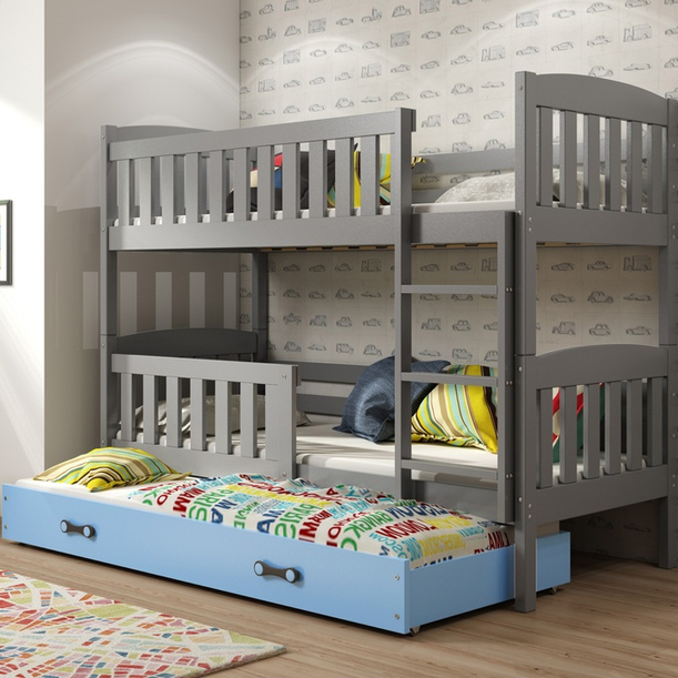 Lit ado superposé 3 places Jacquot 90X190 avec matelas et tiroir, gris/bleu