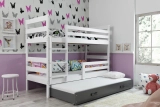 Lit ado superposé 3 places Éric 90X200 avec matelas et tiroir, blanc/gris