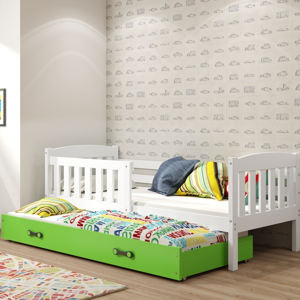 Lit ado gigogne Jacquot 90X190 avec matelas et tiroir, blanc/vert