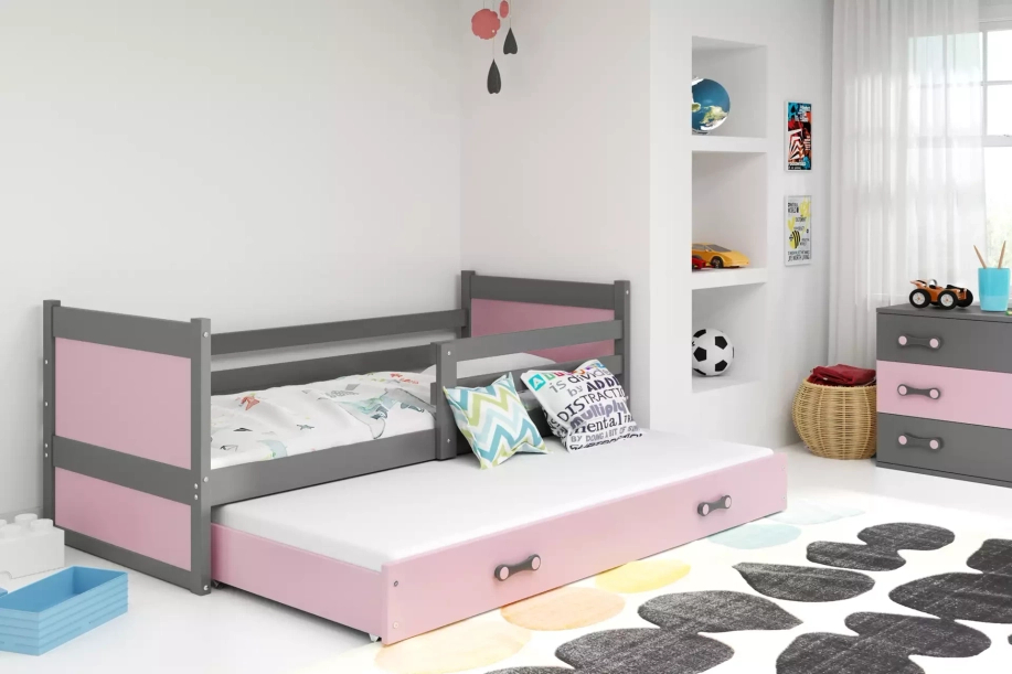 Lit ado gigogne Rico 90X190 avec matelas et tiroir, gris/rose