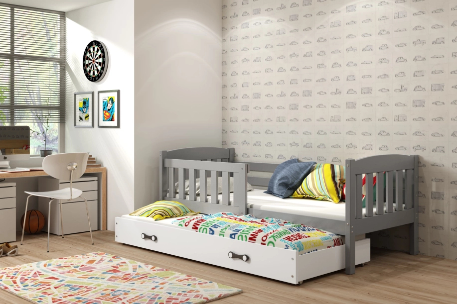 Lit ado gigogne Jacquot 80X190 avec matelas et tiroir, gris/blanc