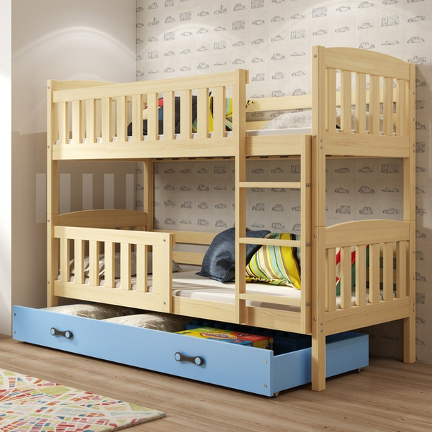 Lit ado superposé Jacquot 90X200 avec matelas et tiroir, pin/bleu