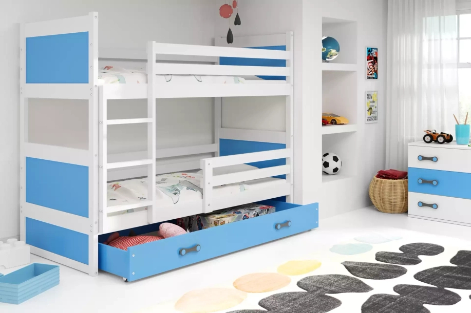 LIT ADOLESCENT SUPERPOSÉ RICO LE CADRE EN BLANC LES PANNEAUX BLEUS LE TIROIR EN BLEU SANS MATELAS 90 X 190