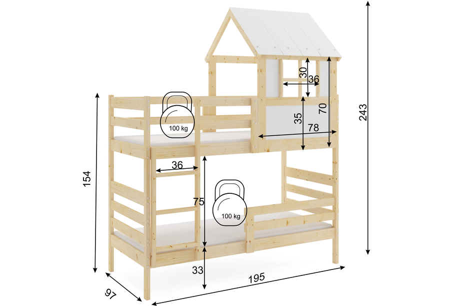 Lit mezzanine en forme de maison avec toit –  Éric en bois naturel 90x190