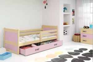 Lit ado simple Rico 90X190 avec matelas et tiroir, pin/rose