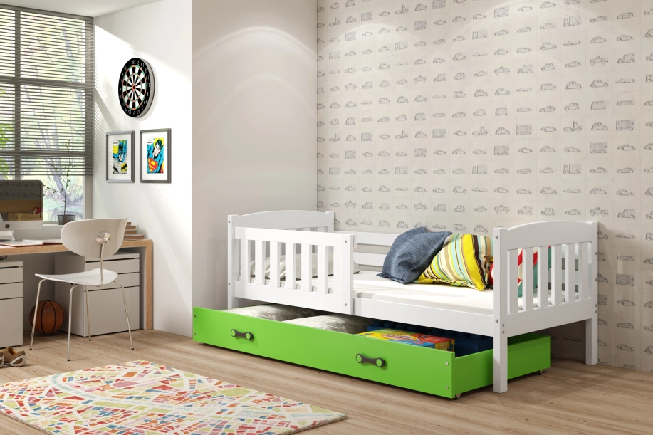 Lit ado simple Jacquot 80X190 avec tiroir, blanc/vert