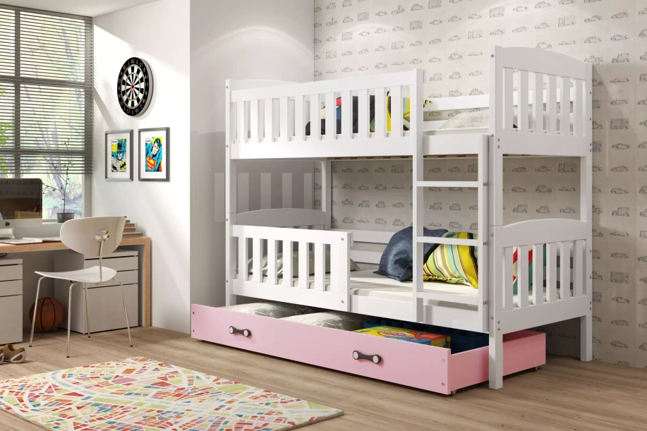 Lit ado superposé Jacquot 90X190 avec matelas et tiroir, blanc/rose