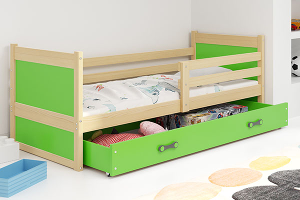 Lit ado simple Rico 90X200 avec matelas et tiroir, pin/vert