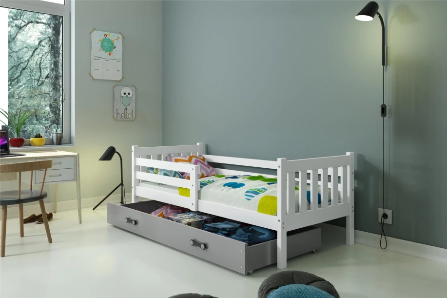 Lit ado simple Carino 90X190 avec matelas et tiroir, blanc/gris