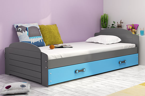 Lit ado simple Lili 90X200 avec matelas et tiroir, gris/bleu
