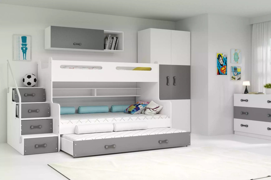 Lit ado superposé 3 places Max 3 120X200 avec matelas et tiroir, gris