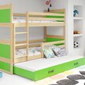 Lit ado superposé 3 places Rico 90X200 avec matelas et tiroir, pin/vert