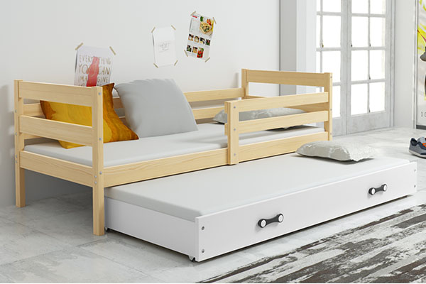 Lit ado gigogne Éric 80X190 avec matelas et tiroir, pin/blanc