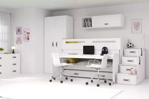Lit ado superposé 3 places MAX 1 80X200 avec matelas et bureau, blanc