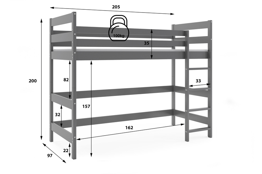 Lit mezzanine pour jeunes – gris graphite 90x200