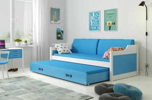 Lit ado gigogne David 90X200 avec matelas et tiroir, blanc/bleu