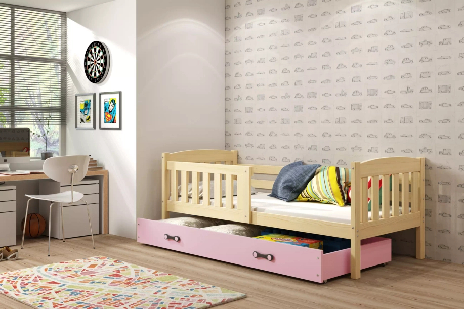 Lit ado simple Jacquot 80X190 avec tiroir, pin/rose