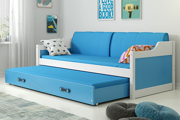 Lit ado gigogne David 90X200 avec matelas et tiroir, blanc/bleu
