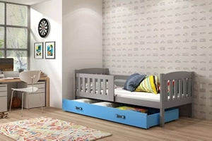 Lit enfant simple Jacquot 80X160 avec matelas et tiroir, gris/bleu